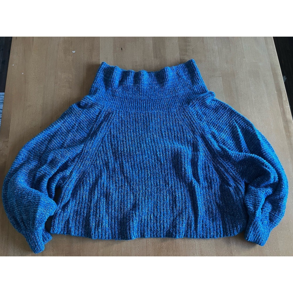 Free People Sweater Womens Sz S Edessa Off The Shoulder Balloon Sleeve Blue Knit
